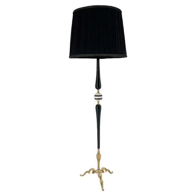 Mid-Century Brass, Onyx & Ebonized Wood Floor Lamp, Italy, 1950s For Sale