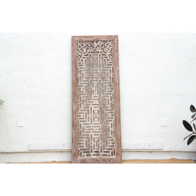 Taupe Temple Lattice Whitewash Teak Indian Door For Sale - Image 8 of 9