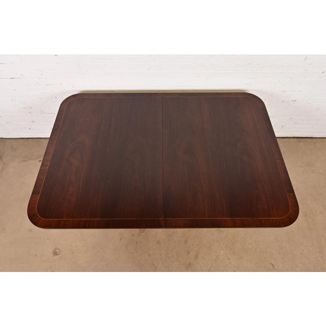 Kindel Furniture Georgian Banded Mahogany Double Pedestal Extension Dining Table, Newly Refinished For Sale - Image 9 of 14