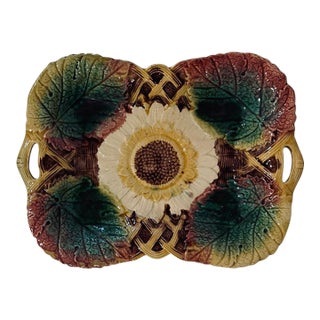 Late 19th Century Double Handled Majolica Hand-Painted Tray With Sunflower and Leaves For Sale