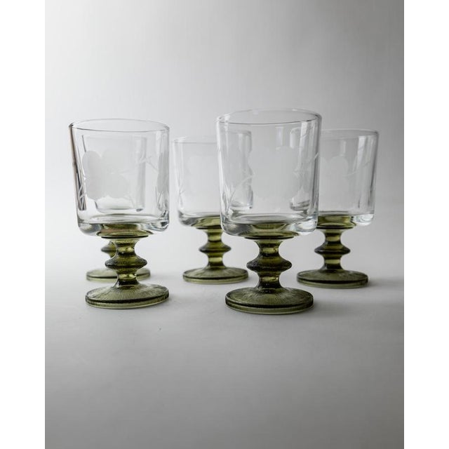 Vintage Etched Floral Clear Wine Glasses with Olive Green Stems, Set of 5 For Sale - Image 4 of 13