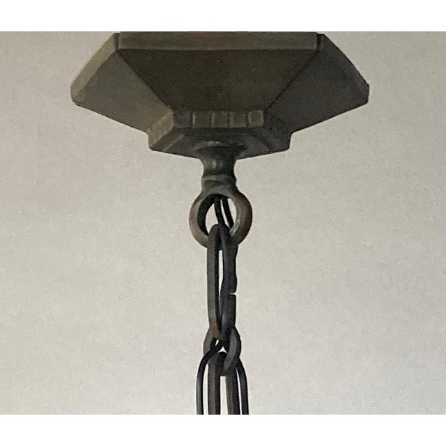 1920s 1920s or 30s 5-Light French Art Deco Bronze Patina Chandelier, Opalescent Shades For Sale - Image 5 of 6
