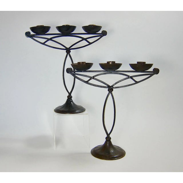 Rustic German Hugo Berger Goberg Attr. Arts & Crafts Black Iron Candelabra Pair For Sale - Image 3 of 11