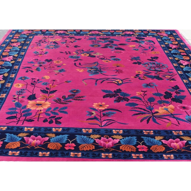 Art Deco Magenta Background Chinese Art Deco Rug With Large Vining Flowers and Leaves 12'0 X 14'8 For Sale - Image 3 of 12