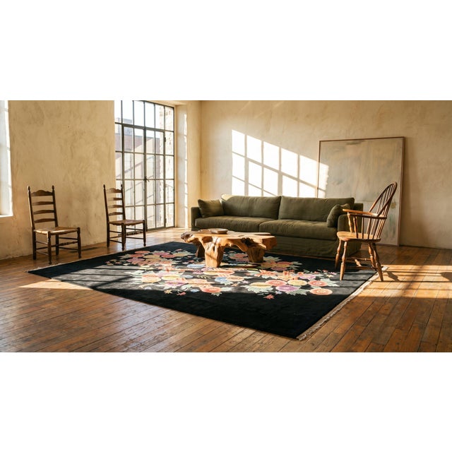 Textile Beautiful Multicolored Rose Centerpiece in a Black Ground Color Chinese Art Deco Rug by Nichols Workshop For Sale - Image 7 of 8