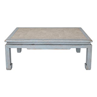 Vintage Swedish Blue-Grey Wash Wood Coffee Table With Ming Style Leg and Shagreen Top For Sale