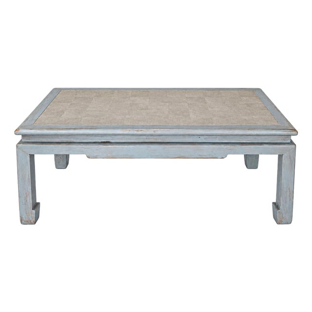 Vintage Swedish Blue-Grey Wash Wood Coffee Table With Ming Style Leg and Shagreen Top For Sale