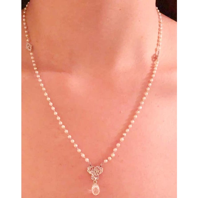 Antique Tiffany & Co. White Gold Beaded Pearl Necklace with Diamonds and a Large Briolette Cut Diamond. Set on a 19 inch...