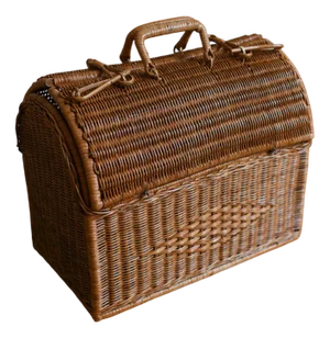 Woven Cane Basket with Double Top Opening and Handles, 1950s