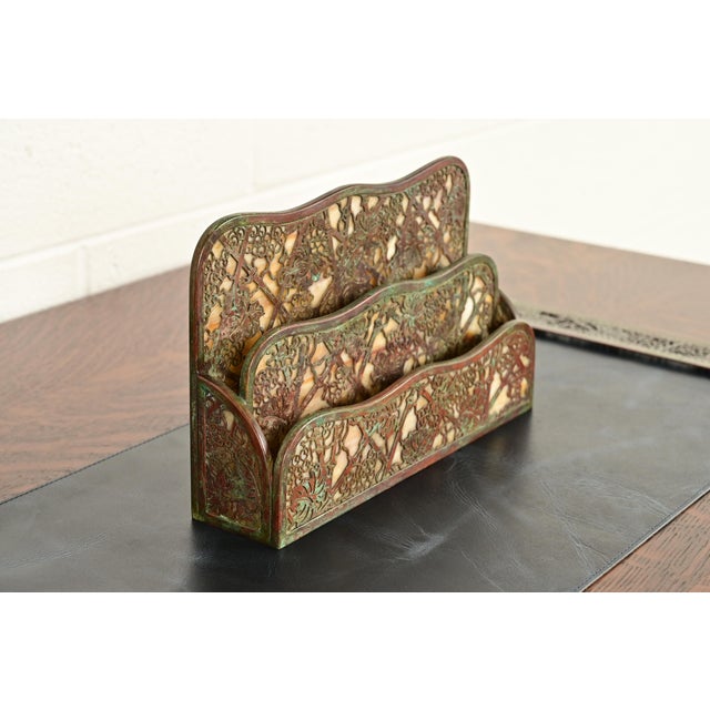 Tiffany Studios Tiffany Studios New York Grapevine Pattern Bronze and Favrile Slag Glass Letter Rack For Sale - Image 4 of 14