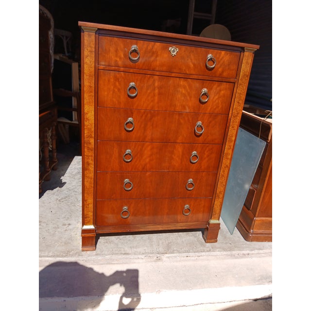 Brown 1960s Baker Furniture Empire Cherry & Burl Wood Highboy Dresser For Sale - Image 8 of 11