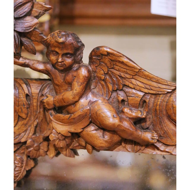 19th Century French Louis XV Carved Oak Wall Mirror With Cherub and Floral Decor For Sale - Image 4 of 9