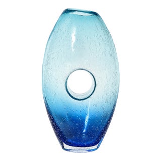 Vintage Handblown Open Center Blue Art Glass Sculptural Vase With Bubbles For Sale