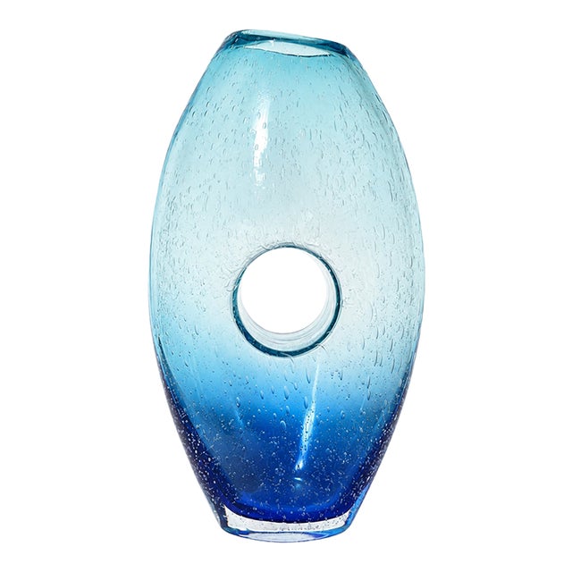 Vintage Handblown Open Center Blue Art Glass Sculptural Vase With Bubbles For Sale