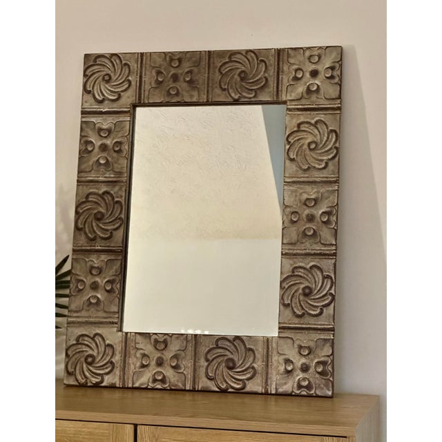 Rustic Vintage Handcrafted Embossed Tin Ceiling Tile Wall Mirror/Antique Patina 22.5”x28.25” For Sale - Image 3 of 8
