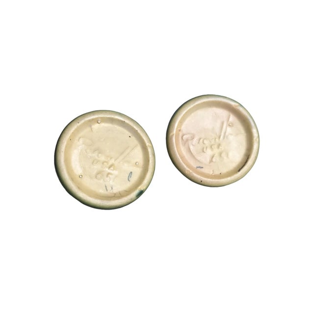 Roseville Pottery Vintage 1940’s Roseville Pottery Candle Stick Holders Gardenia Green White #651 - a Pair For Sale - Image 4 of 8