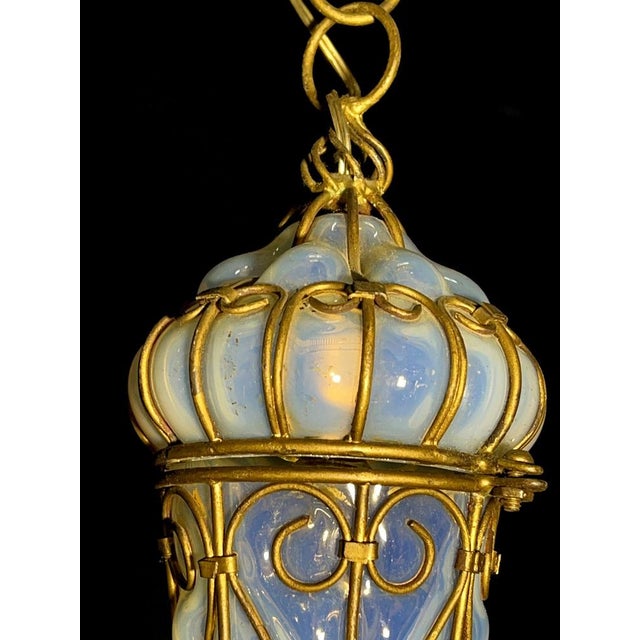Metal CVenetian Opal Glass Lanterns and Sconce, Murano, 1950s, Set of 2 For Sale - Image 7 of 18
