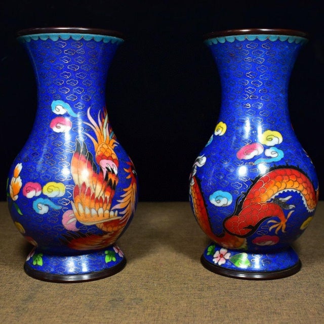 Metal Pair of Vintage Chinese Blue Cloisonné Dragon & Phoenix Vases For Sale - Image 7 of 9