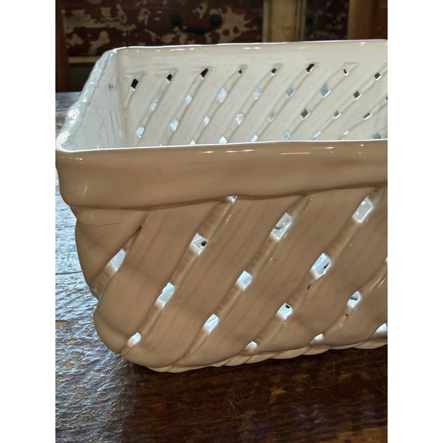 Traditional Vintage Neuwirth Portugal White Ceramic Basketweave Centerpiece Basket For Sale - Image 3 of 6