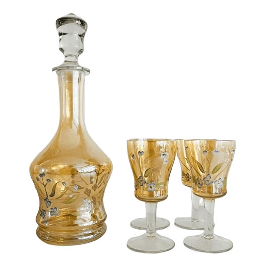 Antique Art Deco Bohemian Amber Glass Decanter Set, 1920s, Set of 7 For Sale