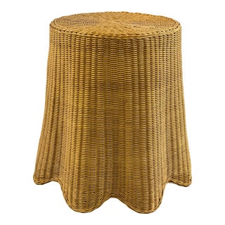 1970s Vintage Coastal Trompe L’Oeil Draped Wicker Round Side Table For Sale