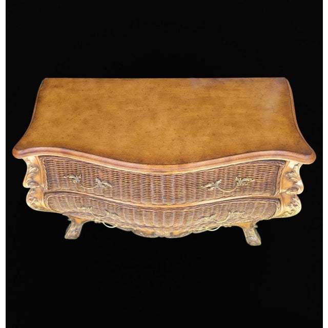 Wood ​Vintage French Provincial, British Colonial Wicker & Gilt 3 Drawer Bombe Commode Chest With Marble Top For Sale - Image 7 of 14