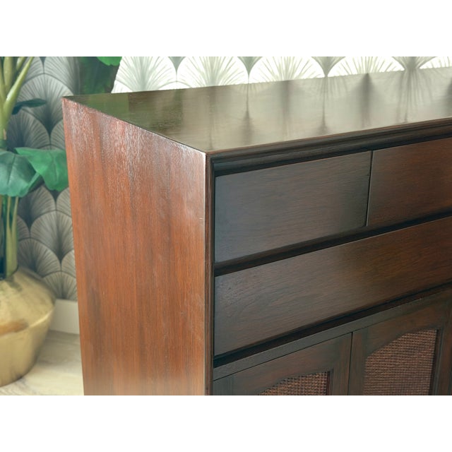 Vintage 1960s Mid-Century Modern Walnut Wood and Woven Rattan Highboy Chest Cabinet by R-Way For Sale - Image 15 of 16