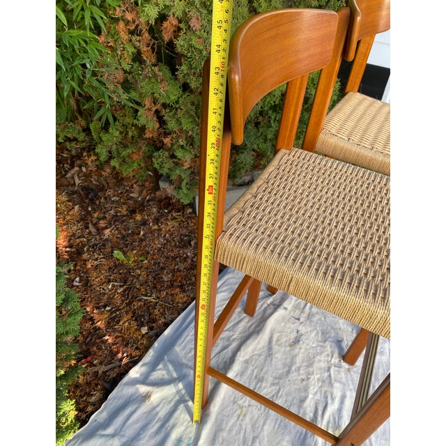 Pair Vintage Teak Bar Stools Sun Cabinet Co. 31" Height Mid-Century Modern Paper Cord For Sale - Image 10 of 10