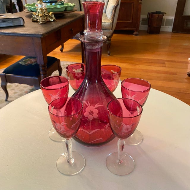 Traditional Cranberry Glass Decanter 6 Port Glasses and Shot Glass Stopper For Sale - Image 3 of 14