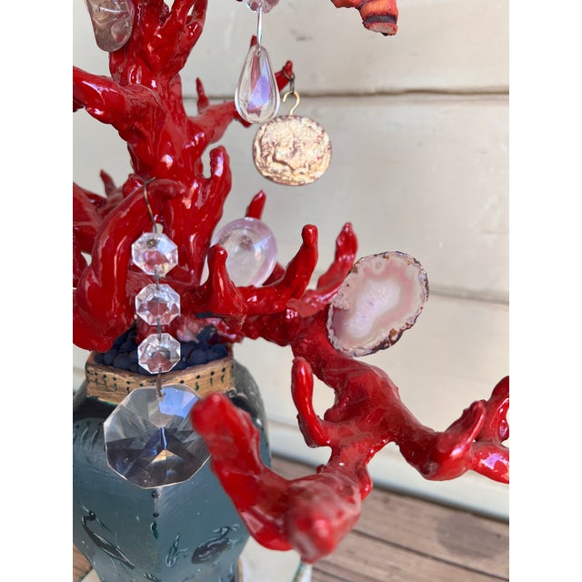 Wood Wunderkammer-Style High-Quality Faux Red Coral Decorative Sculpture With Antique Pendants Handpainted Vase & Marble Base For Sale - Image 7 of 17