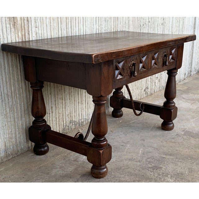 20th Century Spanish Carved Table with Iron Stretchers and Drawer For Sale - Image 18 of 18