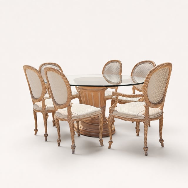 Vintage Carved Wood Oval Glass Dining Set With Six Upholstered Chairs For Sale - Image 12 of 18