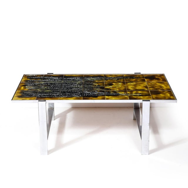 Mid-Century Ceramic Tile & Polished Aluminum Coffee Table by Juliette Belarti For Sale - Image 4 of 16