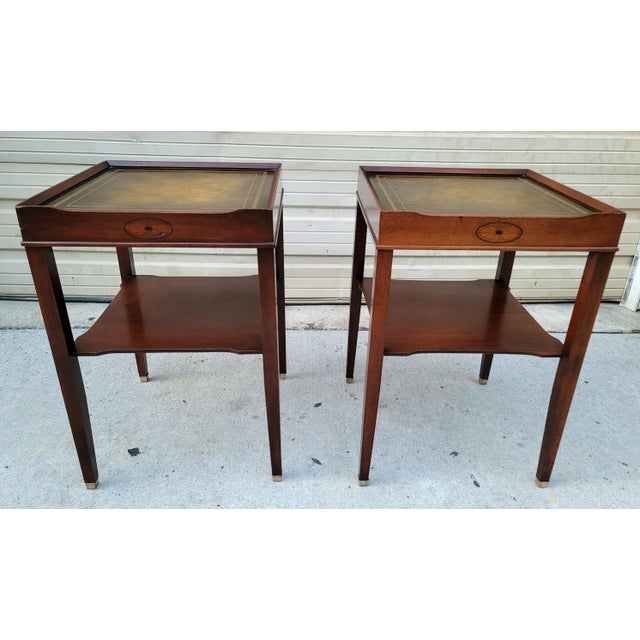 Mid 20th Century Two Tiered Leather Top Side Tables -- a Pair For Sale - Image 11 of 11