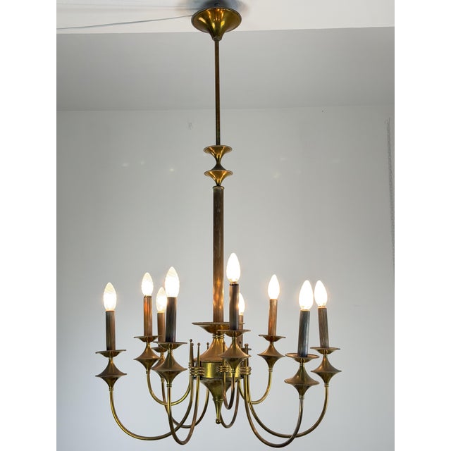 Art Deco Nine-Light Brass Chandelier, 1940s For Sale - Image 4 of 14