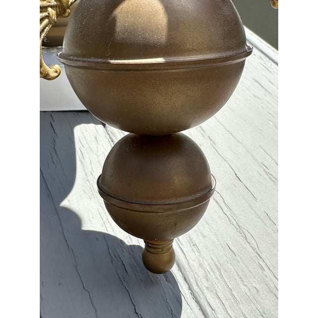 Vintage 3 Light Brass Wall Sconce With Vianne Gas/Electric Shades For Sale - Image 10 of 12