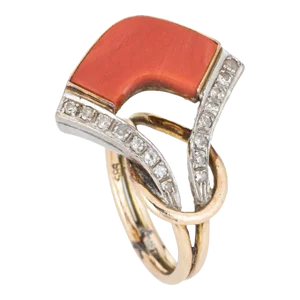 Vintage 1970s Abstract Coral Diamond 14k Yellow Gold Ring Size 4.75