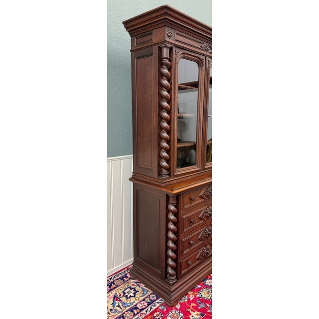 French Antique French Bookcase & Chest of Drawers Display Cabinet Barley Twist Oak For Sale - Image 3 of 13