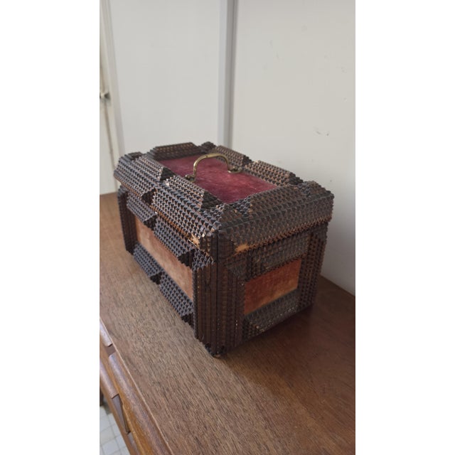 Antique Tramp Art Wooden Box, Hand Carved Folk Art Chest, Chip Carved Jewelry Box, Rustic Primitive Storage, Collectible Decor For Sale - Image 6 of 17