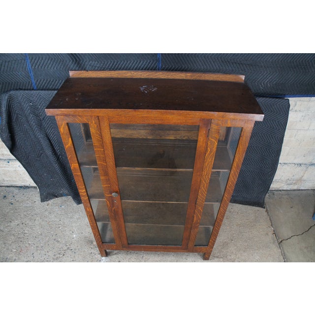 Early 20th Century Antique Mission Arts & Crafts Quartersawn Oak Bookcase China Display Cabinet 63" For Sale - Image 5 of 11