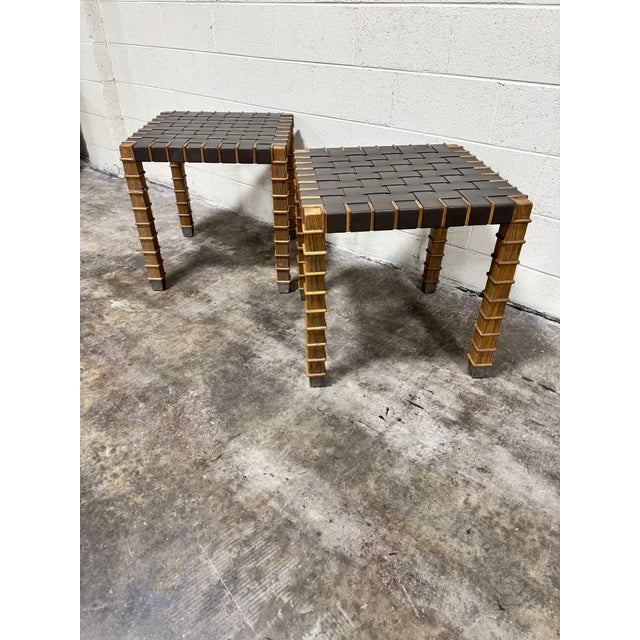 Modern Theodore Alexander Leather Strap Wood End Tables - A Pair For Sale - Image 3 of 12