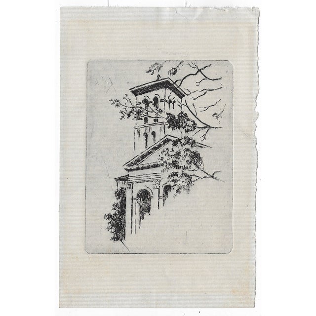 1920s etching on paper of the bell tower at the old downtown Greenville SC campus of Furman University. Unsigned.