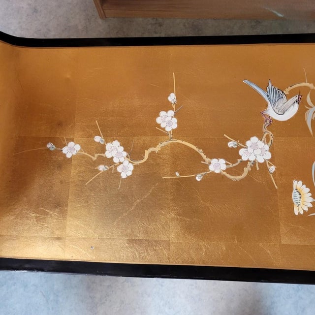 Hollywood Regency Black Lacquer & Gold Leaf Chinoiserie Bench For Sale - Image 9 of 11