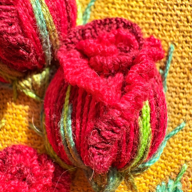 Yellow Framed 3d Stumpwork Textile Wall Art - Vintage Botanical Red Roses on Yellow For Sale - Image 8 of 16