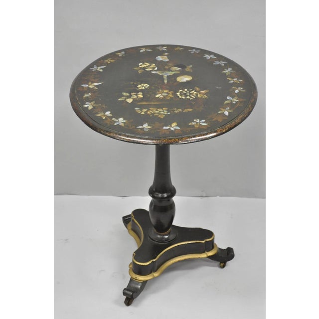 Victorian Antique English Victorian Mother of Pearl Inlay Black Lacquer Tilt Top Table For Sale - Image 3 of 18