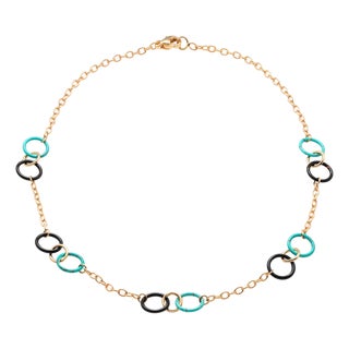 18k Yellow Gold Black Onyx & Turquoise Circle Pendant Necklace, Italy For Sale