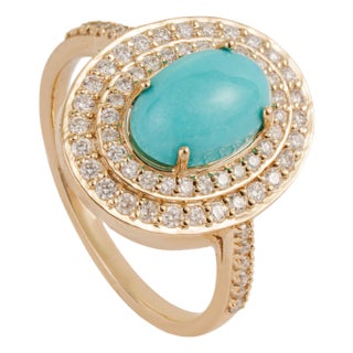 1.43ct Oval Turquoise Cabochon Double Halo Diamond 14k Gold Contemporary Ring Size 9 For Sale