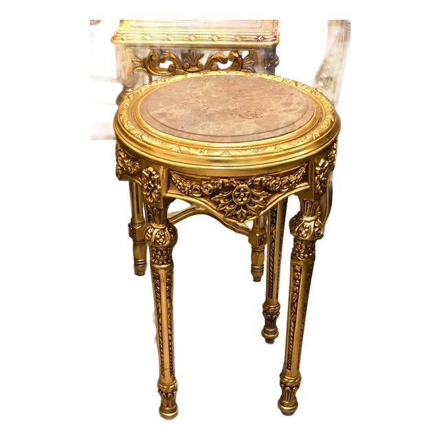 Italian Neoclassical Accent Table – Beige Marble Top With Intricate Gilded Ornamentation For Sale