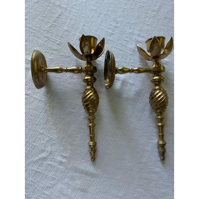 Late 20th Century Vintage Solid Brass Lotus Flower Wall Sconces — Pair For Sale - Image 5 of 8