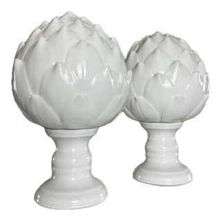 Set of 2 White Ceramic Artichoke Sculptures – Classic Decorative Accents For Sale